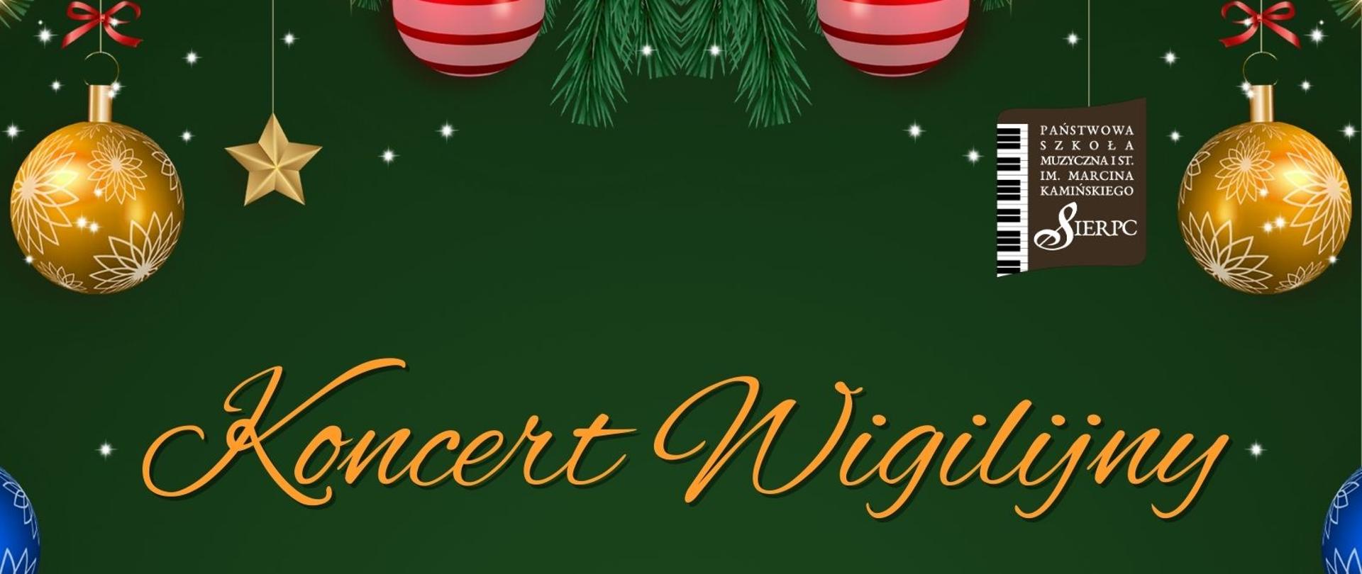 Na zielonym tle na górze zielona girlanda z bombkami, pośrodku tekst: Koncert Wigilijny, data: 16.12.2025 r., godz. 17.00, miejsce: sala koncertowa. Poniżej kolorowa choinka.