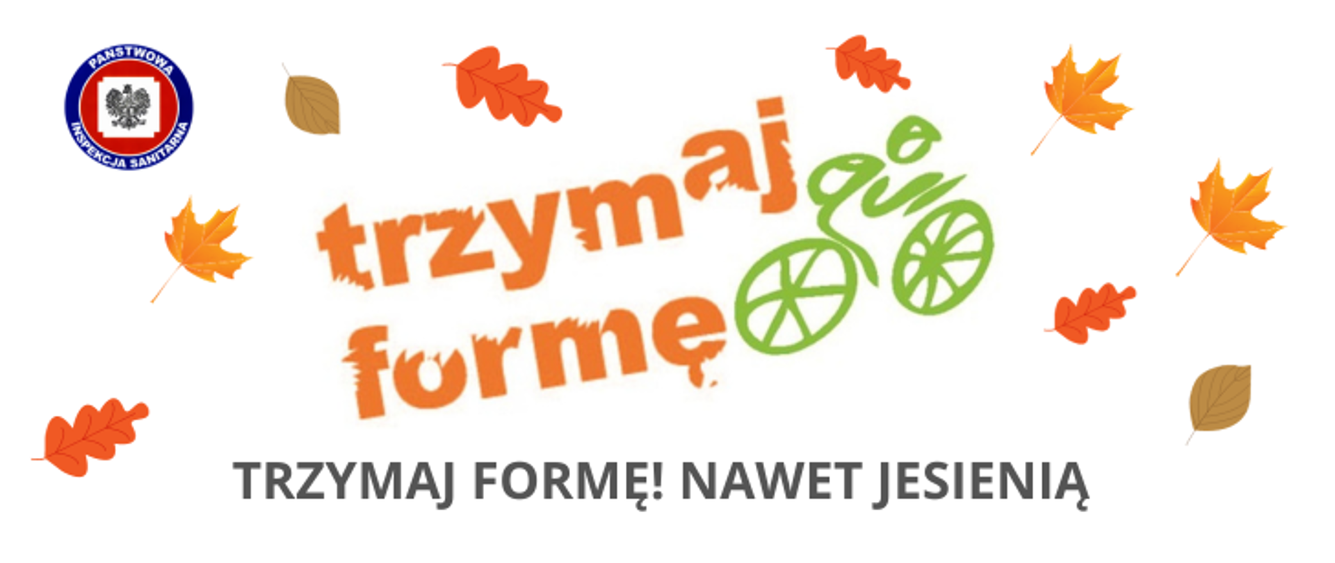 Na białym tle kolorowe jesienne liście, na środku pomarańczowy napis trzymaj formę a z jego prawej strony zielona grafika kolarza, pod spodem ciemny napis trzymaj formę! nawet jesienią. W lewym górnym rogu logo Państwowej Inspekcji Sanitarnej.