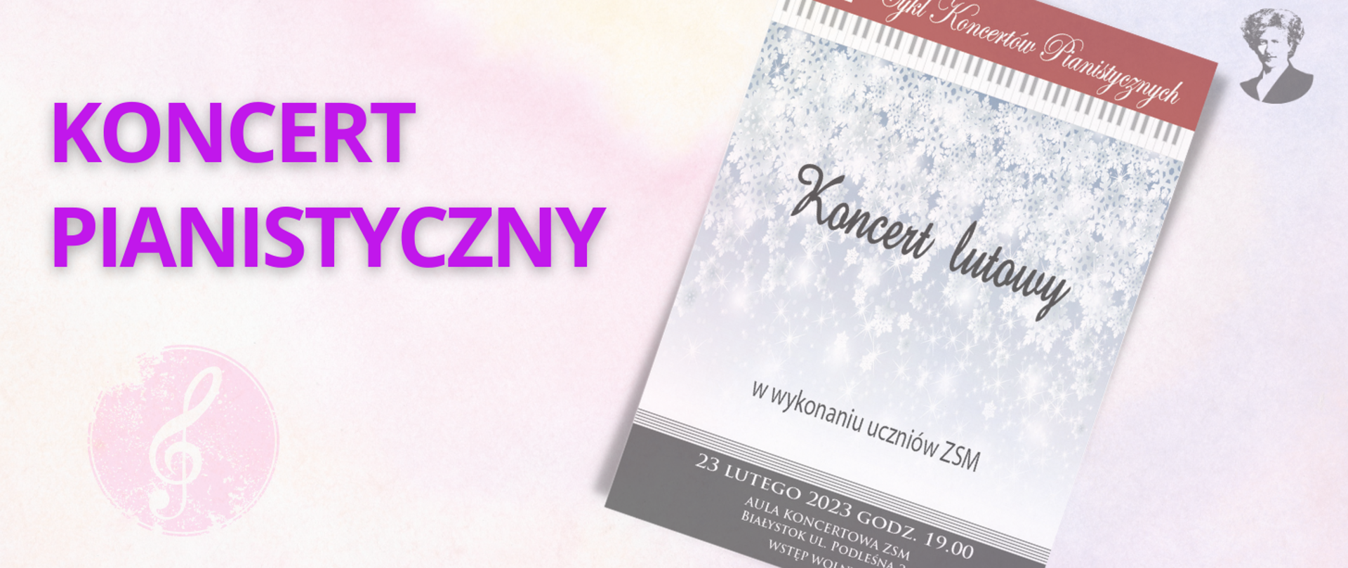 Baner infograficzny: plakat z płatkami śniegu i gwiazdkami informujący o Koncercie pianistycznym w wykonaniu uczniów ZSM. W dolnej części informacje: 23.02.2023 godz. 19.00. Aula Koncertowa ZSM, Białystok ul. Podleśna 2, Wstęp wolny.