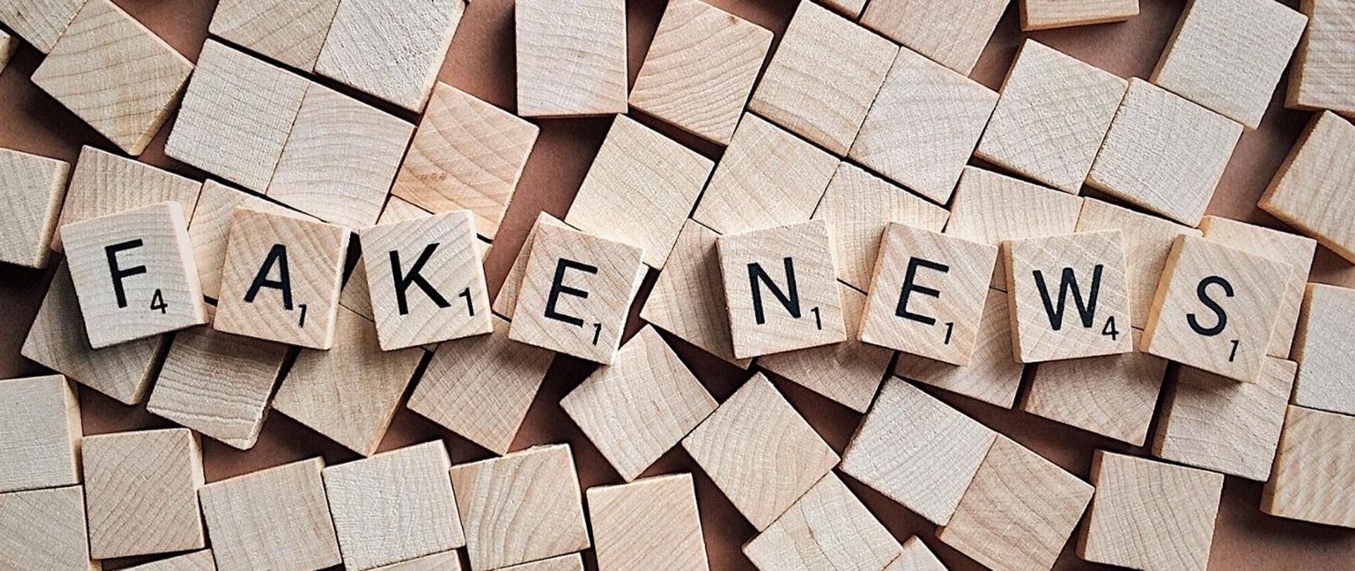 Na zdjęciu widoczny jest napis FAKE NEWS na drewnianych kostkach.