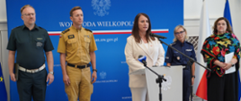 Wicewojewoda przemawia stojąc pośrodku sali, za nią pozostali przedstawiciele instytucji, jest przy mównicy, mówi do mikrofonu. 