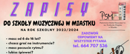 Grafika przedstawiająca informacje o zapisach do szkoły muzycznej na rok szkolny 2023/2024