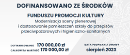 Tablica informacyjna na szarym tle. W górnej części flaga Polski biało - czerwona oraz godło Polski - Orzeł biały. Poniżej informacja z jakiś środków dofinansowano oraz kwoty i całkowita wartość dofinansowania. W prawym dolnym rogu data podpisania umowy, 