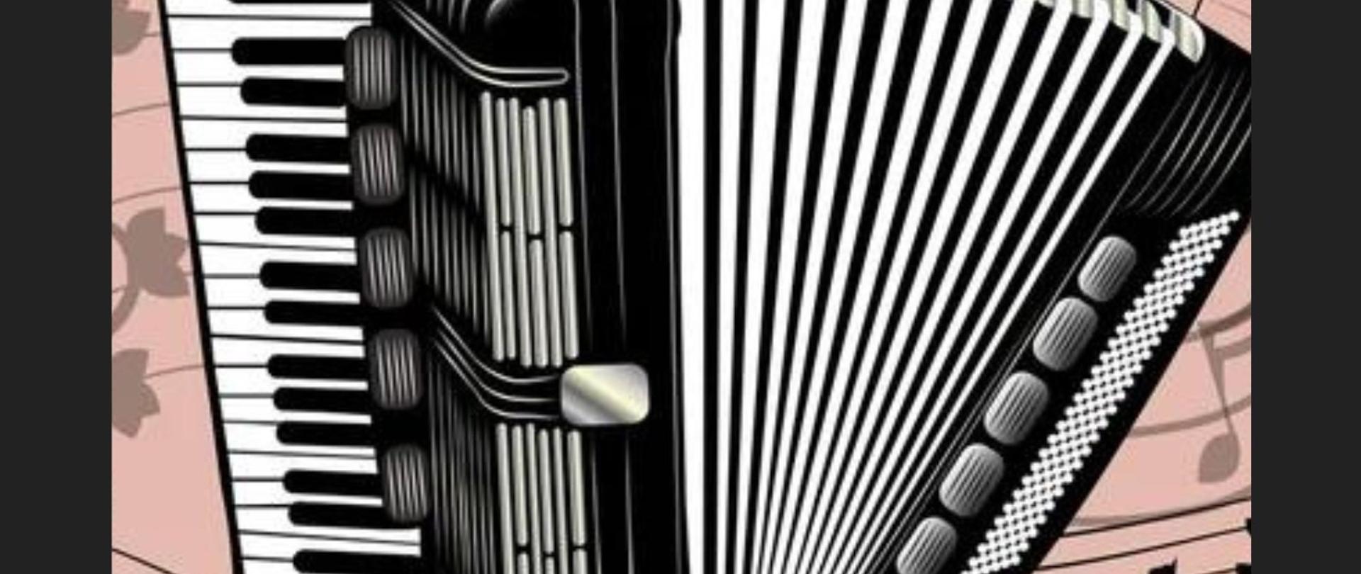 Plakat w pionie informujący o koncercie uczniów klasy akordeonu p. Magdaleny Własiuk, który odbędzie się 3 czerwca o godzinie 16:30.Głównym elementem plakatu jest grafika czarnego akordeonu na różowym tle. Wokół instrumentu pięciolinia i nuty. U góry plakatu logo szkoły i nazwa. 