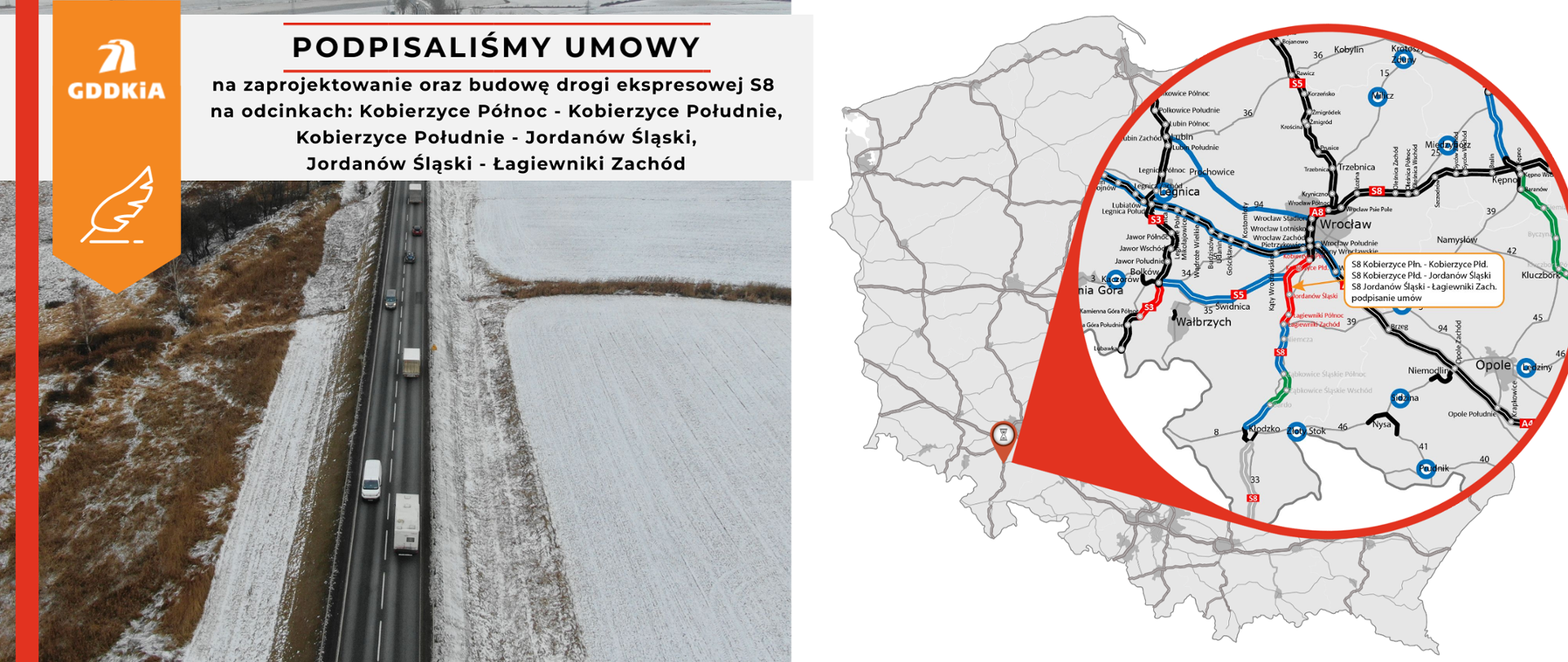 Infografika dot. podpisania umów na realizację S8 trzech odcinkach do Kobierzyce Północ do Łagiewniki Zachód