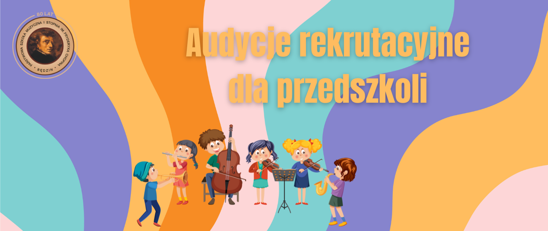 baner na kolorowym tle, na środku ikony dzieci, w rogu logo szkoły