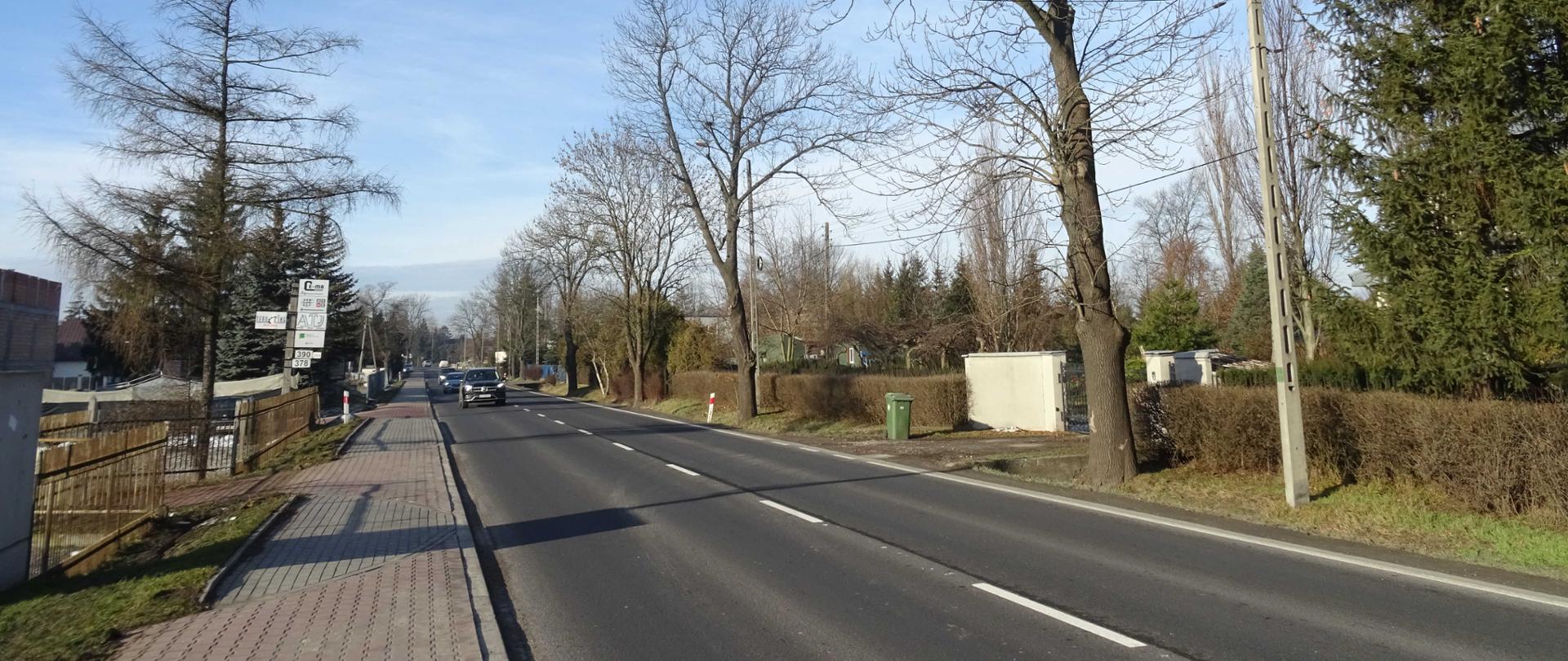 droga, wzdłuż drogi żywopłoty i drzewa, w tle zabudowa