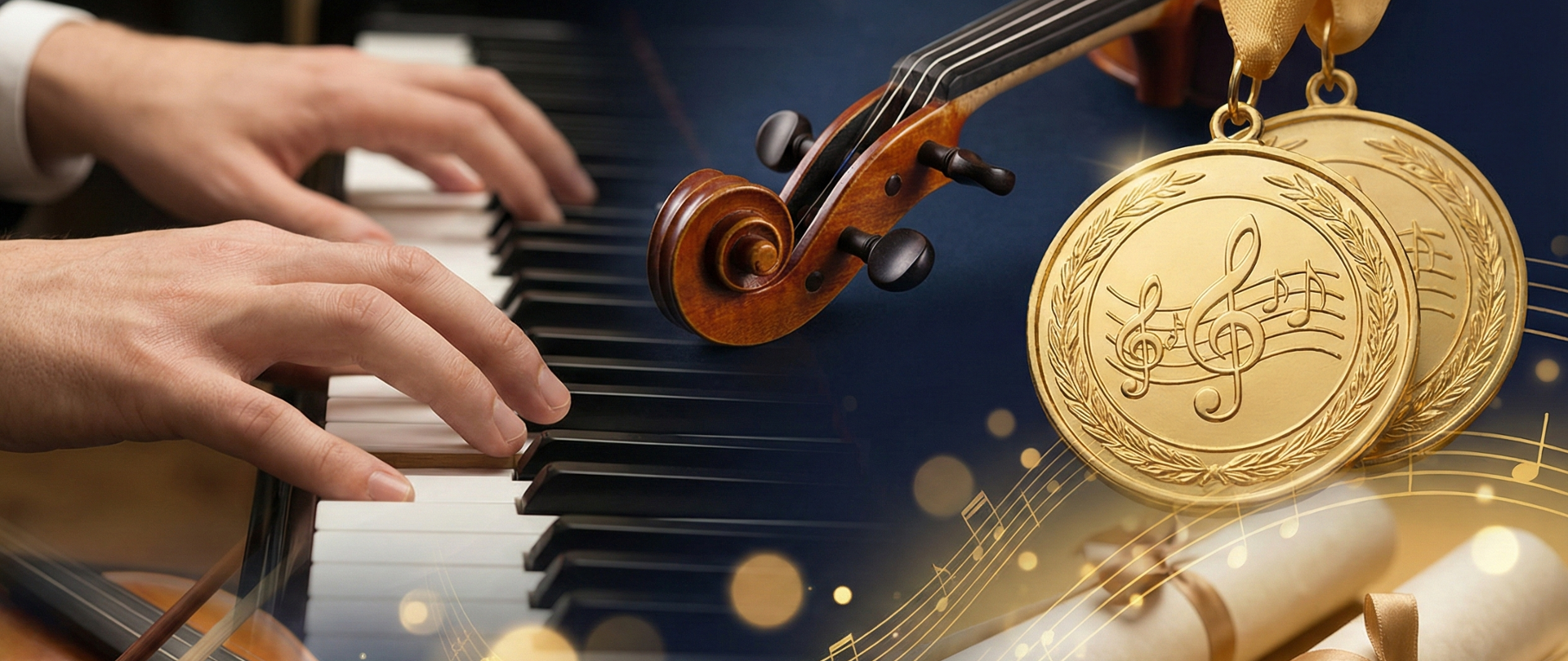 Grafika przedstawiająca klawiaturę fortepianu, dwoje skrzypiec oraz medale i dyplomy na tle pięciolinii