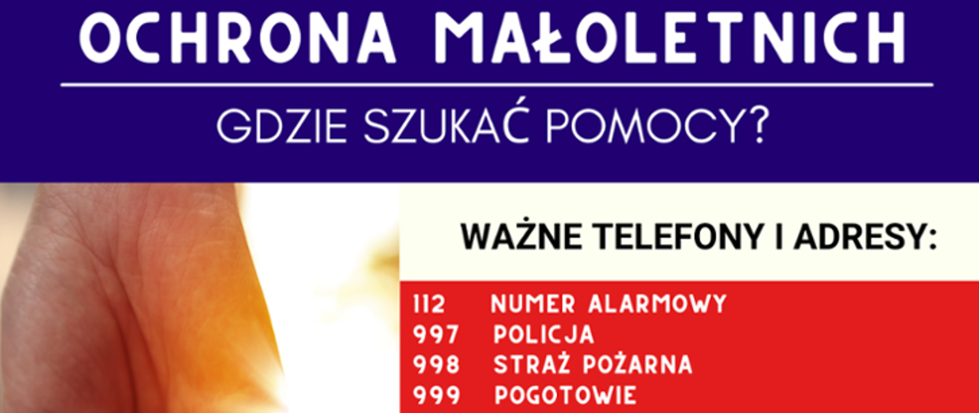 Grafika ochrona małoletnich z opisem gdzie szukać pomocy wraz z numerami telefonów na czerwonym tle