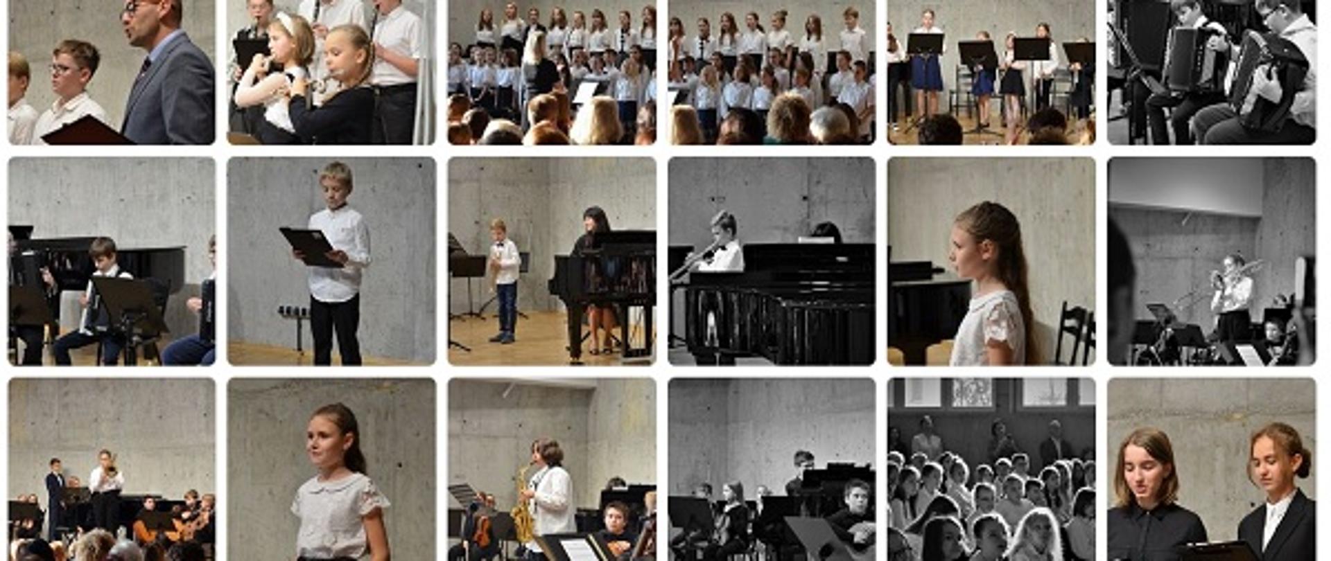 grafika przedstawia kolaż zdjęć uczniów w uroczystych strojach, występujących na scenie