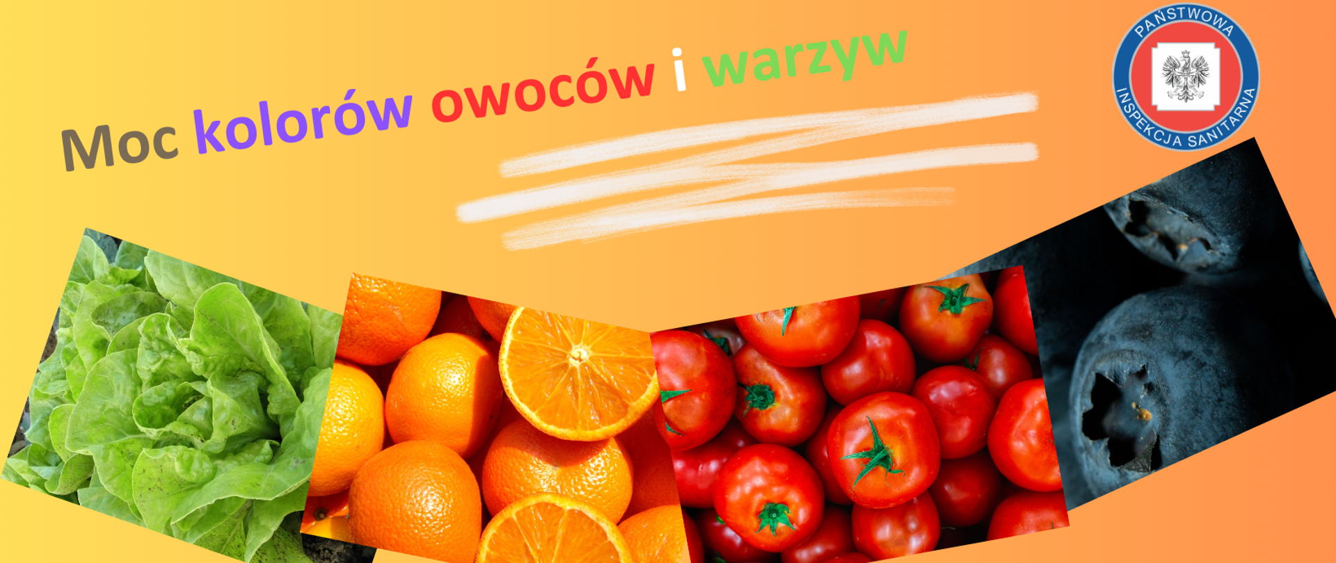 grafika przedstawia różne owoce i warzywa: sałatę, pomarańcze, pomidory, borówki