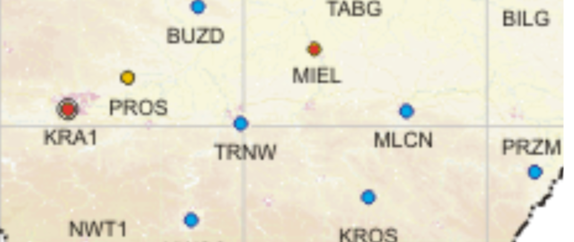 Rysunek przedstawia fragment mapy z lokalizacją stacji referencyjnych systemu ASG-EUPOS na terenie województwa małopolskiego 