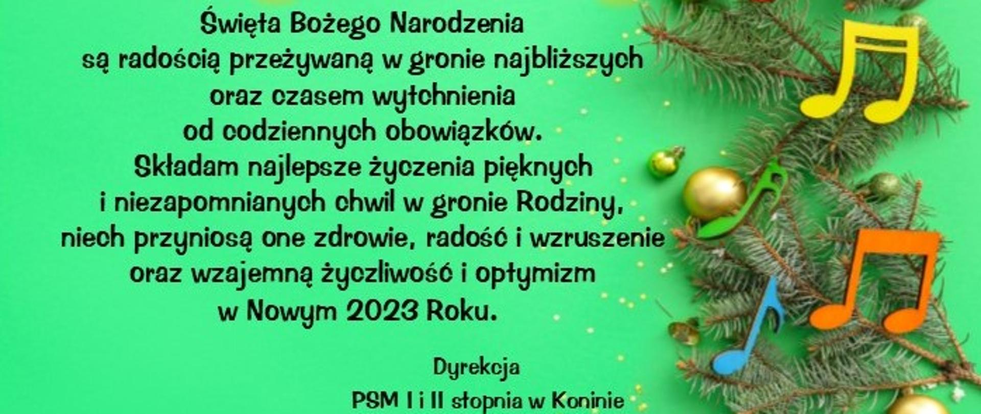 Życzenia świąteczne, grafika predstawiająca gałązki świerku i nutr