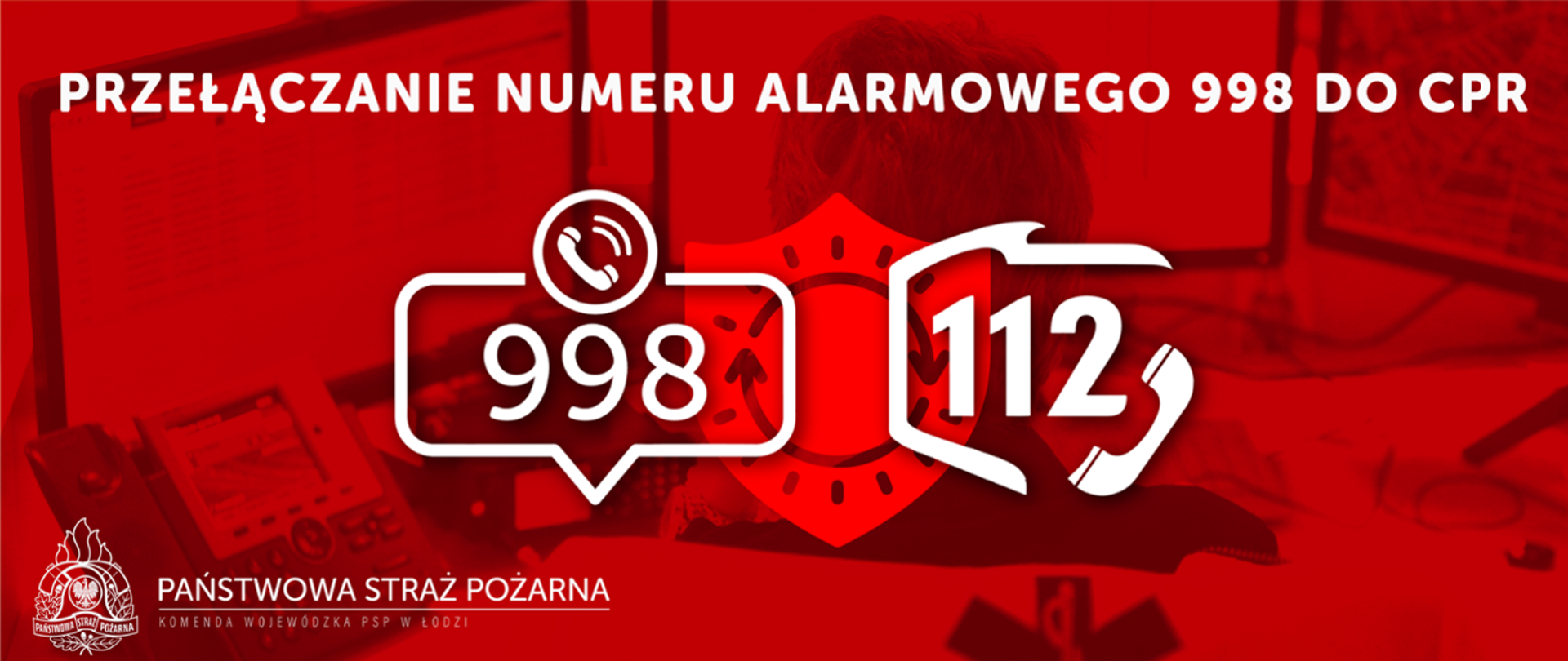 Grafika w tle Operator nr 112, zobrazowanie przełączenia numeru alarmowego 998 do Centrów Powiadamiania Ratunkowego 
