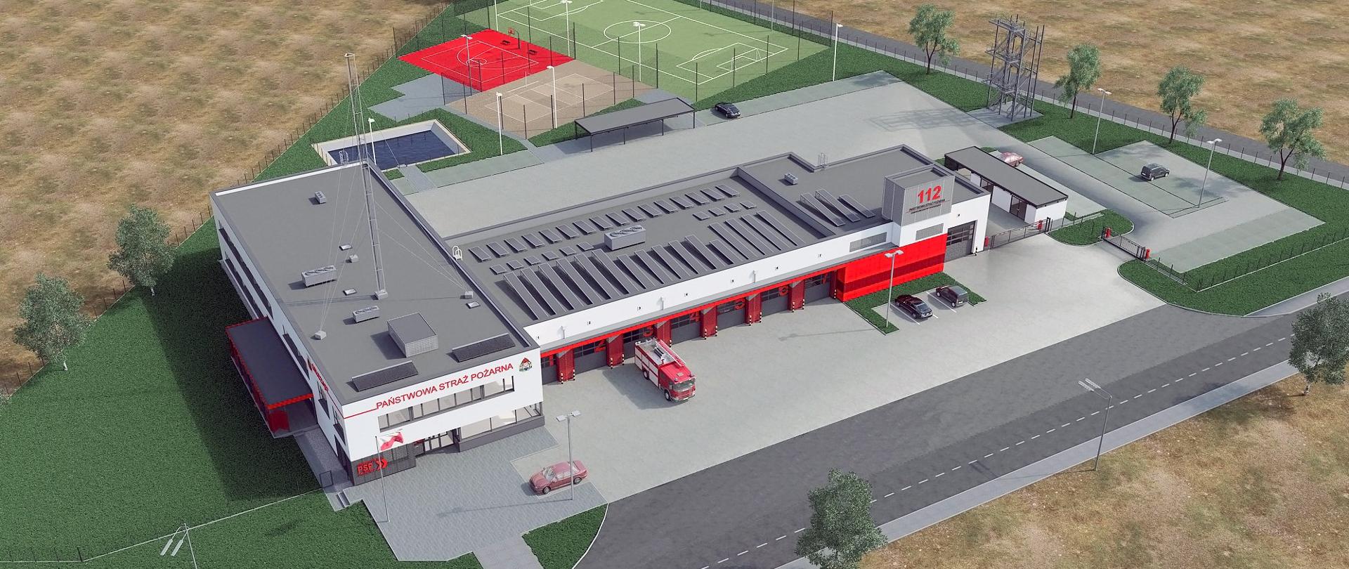 Grafika przedstawia trójkątną działkę widzianą z lotu ptaka. Na pierwszym planie widoczny jest budynek w kształcie litery L z bramami wyjazdowymi pośrodku i utwardzonymi powierzchniami dookoła. Za nim znajduje się kompleks sportowy składający się z boisk. Całość otoczona jest terenem zielonym.