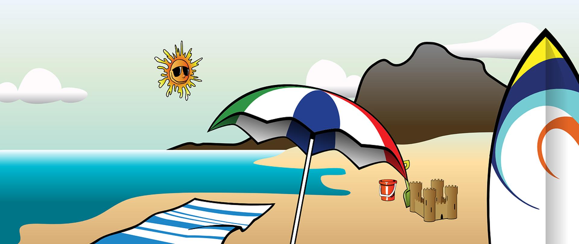 Po lewej stronie zdjęcia widoczne morze, po prawej plaża, na środku kolorowa parasolka, ręcznik, zamek z piasku i foremki. W tle widać też zarys gór. W prawym dolnym rogu deska do serfowania.