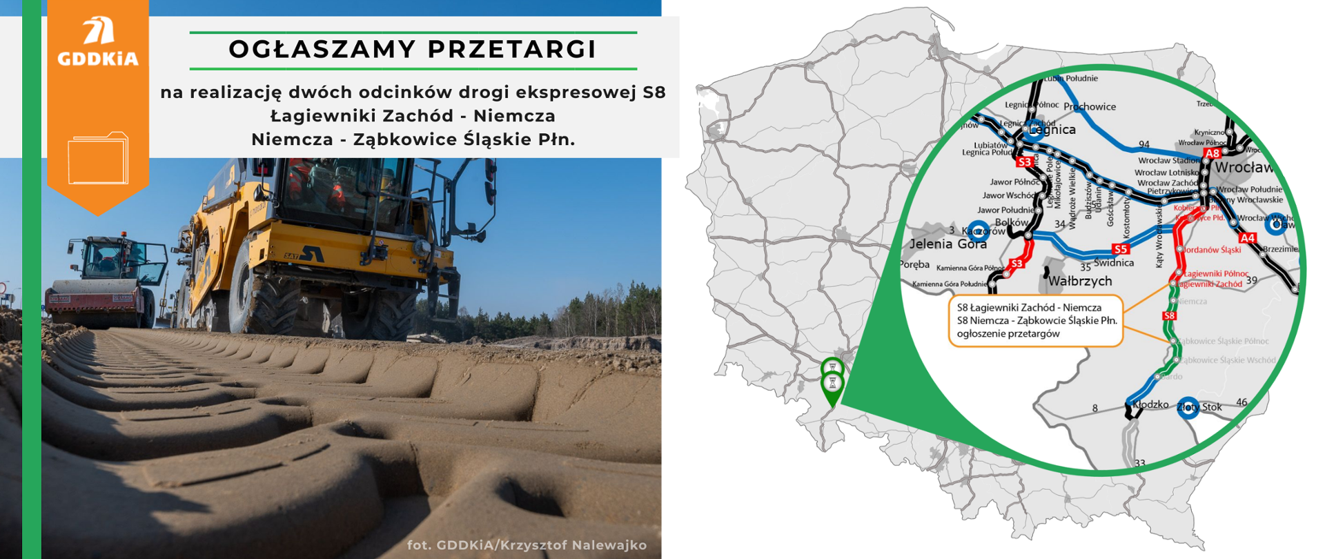 Infografika dot. ogłoszenia przetargu na realizację S8 Łagiewniki – Niemcza oraz Niemcza – Ząbkowice Śląskie