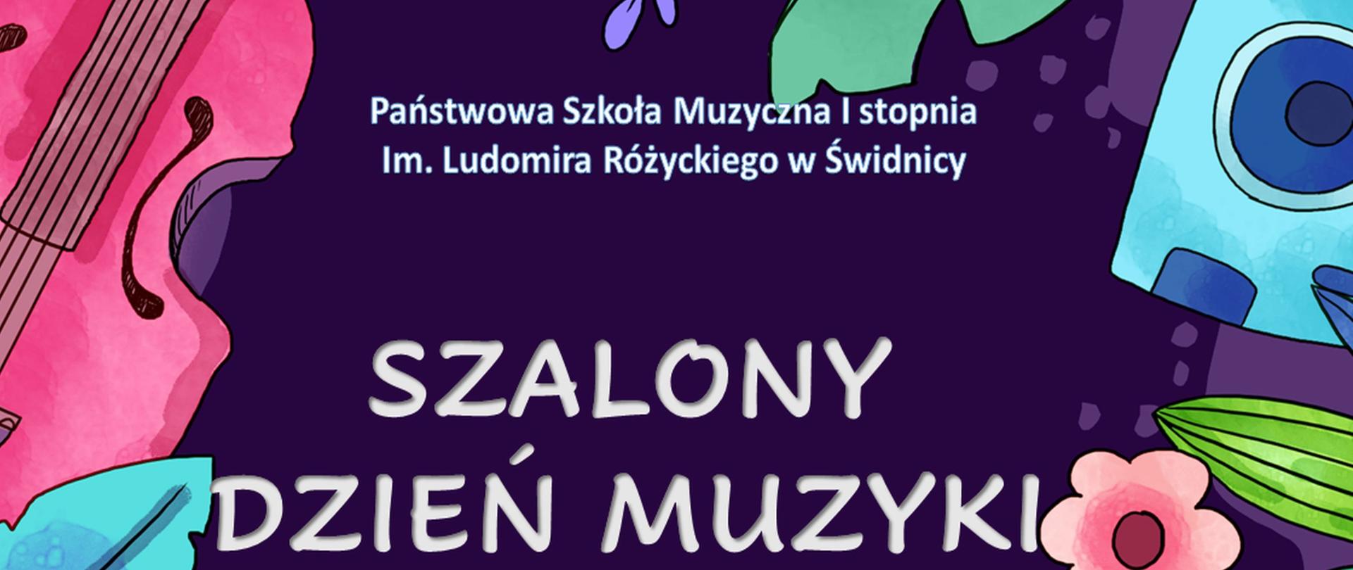 Plakat informujący o koncertach z okazji Międzynarodowego Dnia muzyki. Grafika przedstawia kolorowe rysunki instrumentów muzycznych na około plakatu po środku na granatowym napisy w kolorze białym.