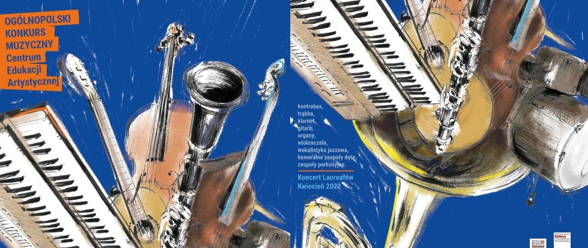 Plakat zawiera grafiki instrumentów w odcieniach brązu i żółci na niebieskim tle oraz nazwę konkursu (niebieski napis Ogólnopolski Konkurs Muzyczny Centrum Edukacji Artystycznej na pomarańczowym tle) i wykaz instrumentów/specjalności, które mogą brać udział w konkursie tj. kontrabas, trąbka, klarnet, gitara, organy, wiolonczela, wokalistyka jazzowa, kameralne zespoły dęta, zespoły perkusyjne (napisy w kolorze jasno niebieskim)