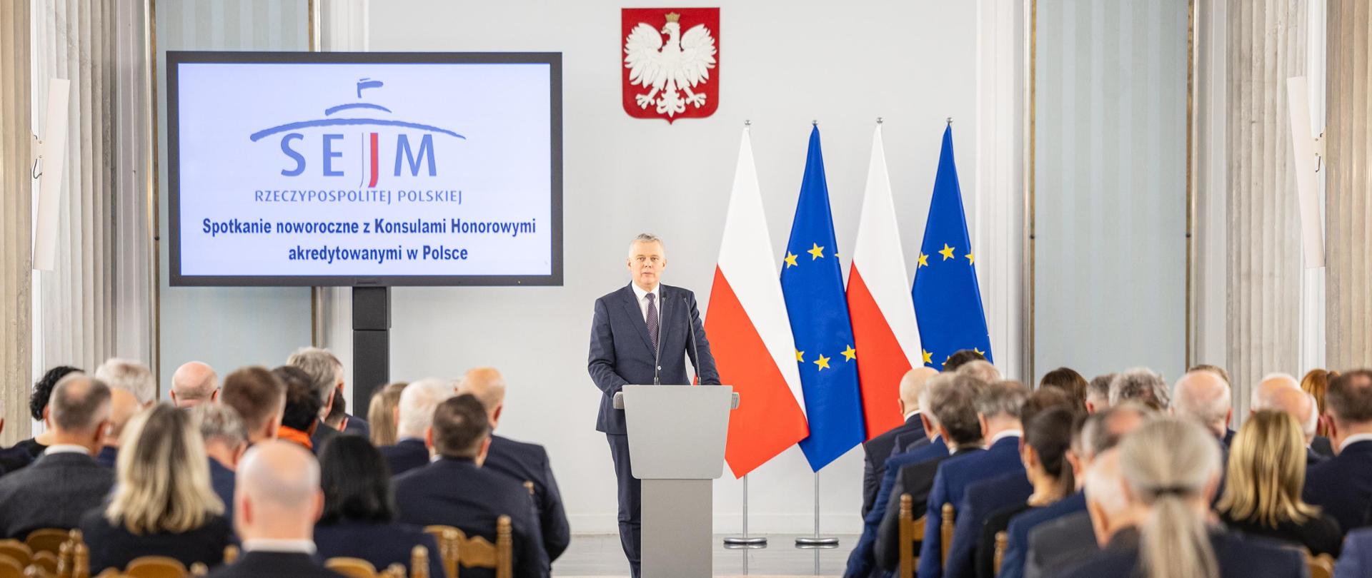 Spotkanie noworoczne z konsulami honorowymi akredytowanymi w RP z udziałem ministra Tomasza Siemoniaka oraz wiceministra Macieja Duszczyka.