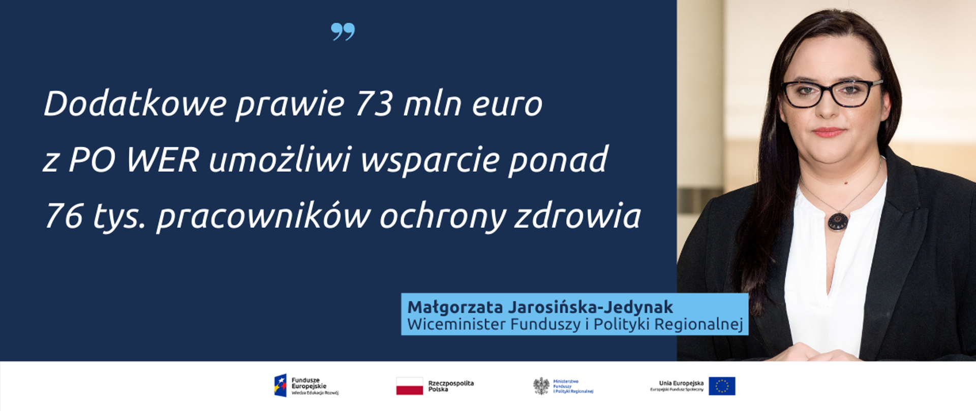 Tekst: Dodatkowe prawie 73 mln euro z PO WER umożliwi wsparcie ponad 76 tys. pracowników ochrony zdrowia. Obok zdjęcie portretowe wiceminister Małgorzaty Jarosińskiej-Jedynak.