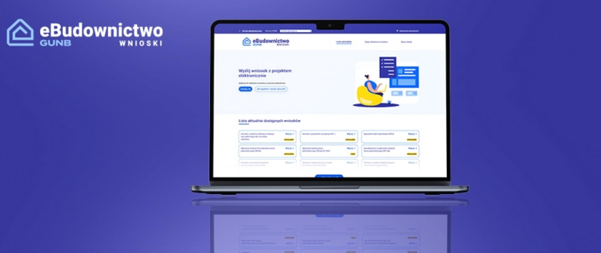 Ekran laptopa z otwartą stroną eBudownictwo GUNB, zawierającą formularze wniosków i grafikę osoby przy komputerze.