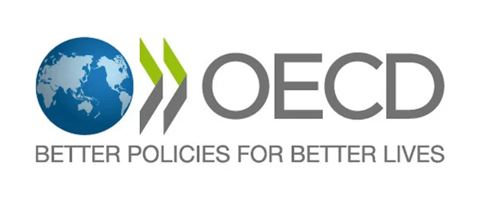 Kula ziemska, po prawej stronie dwie szaro-zielone strzałki i litery OECD. Pod nimi napis "Better policies for better lives"