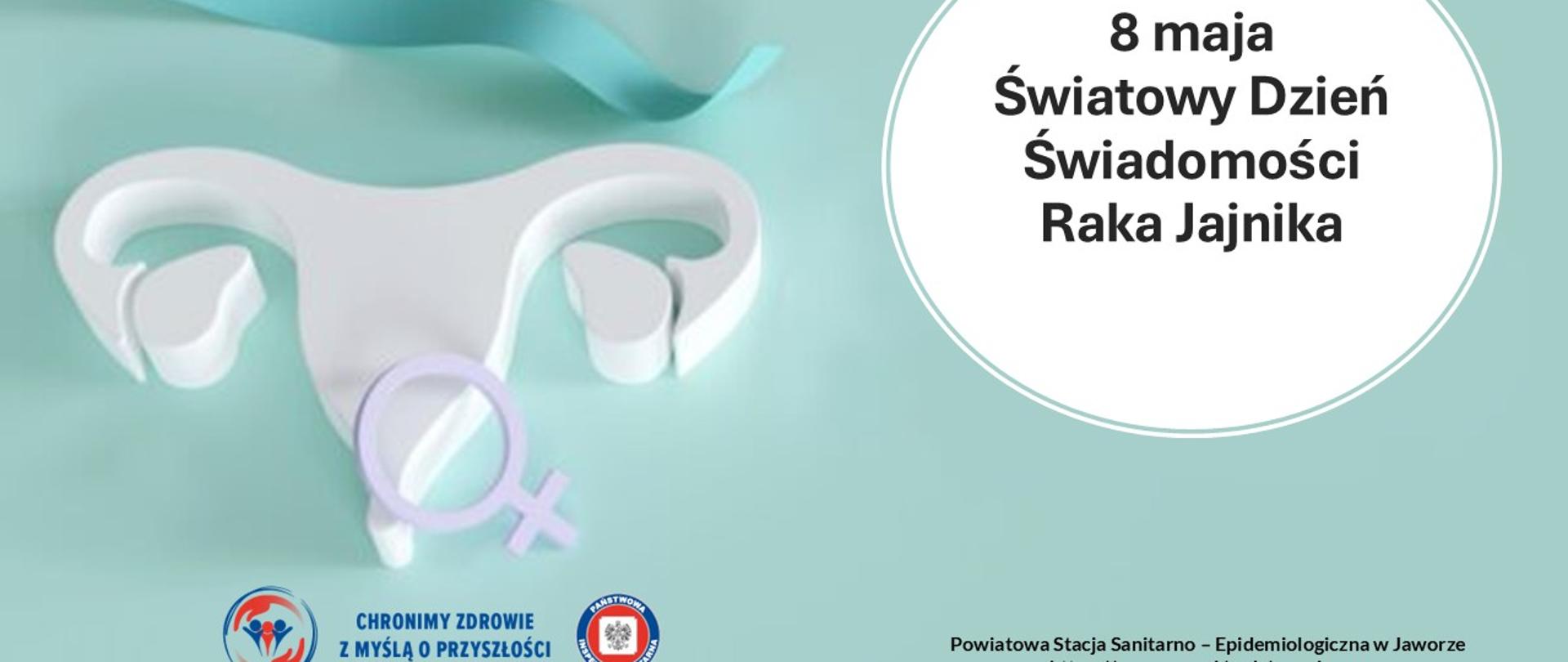 8 maja Światowy Dzień Świadomości Raka Jajnika - Na zielonym tle symbol płci żeńskiej z zieloną wstęgą w tle grafiki