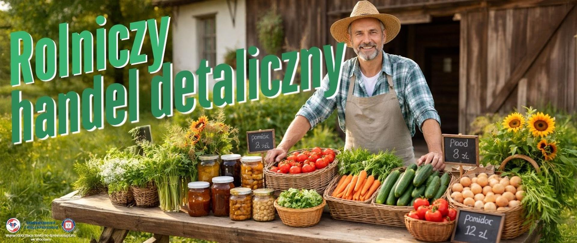 Rolnik przy prostym stoisku przed domem i stodołą, na stole świeże warzywa i owoce