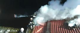 Zdjęcie przedstawia strażaków gaszących pożar budynku mieszkalnego w Osiekach.
