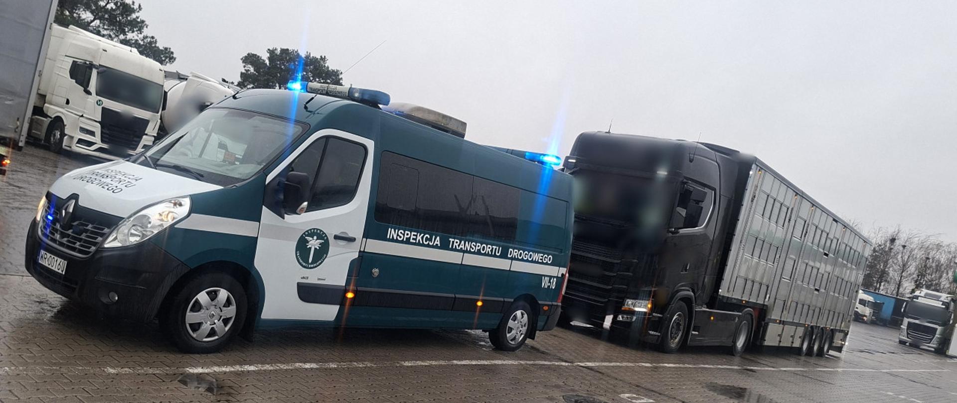 Na pierwszym planie (od lewej): oznakowany furgon mazowieckiej Inspekcji Transportu Drogowego z włączonymi niebieskimi.światłami uprzywilejowania. Za pojazdem ITD stoi kontrolowany ciągnik siodłowy z podpiętą naczepą do przewozu żywych zwierząt.