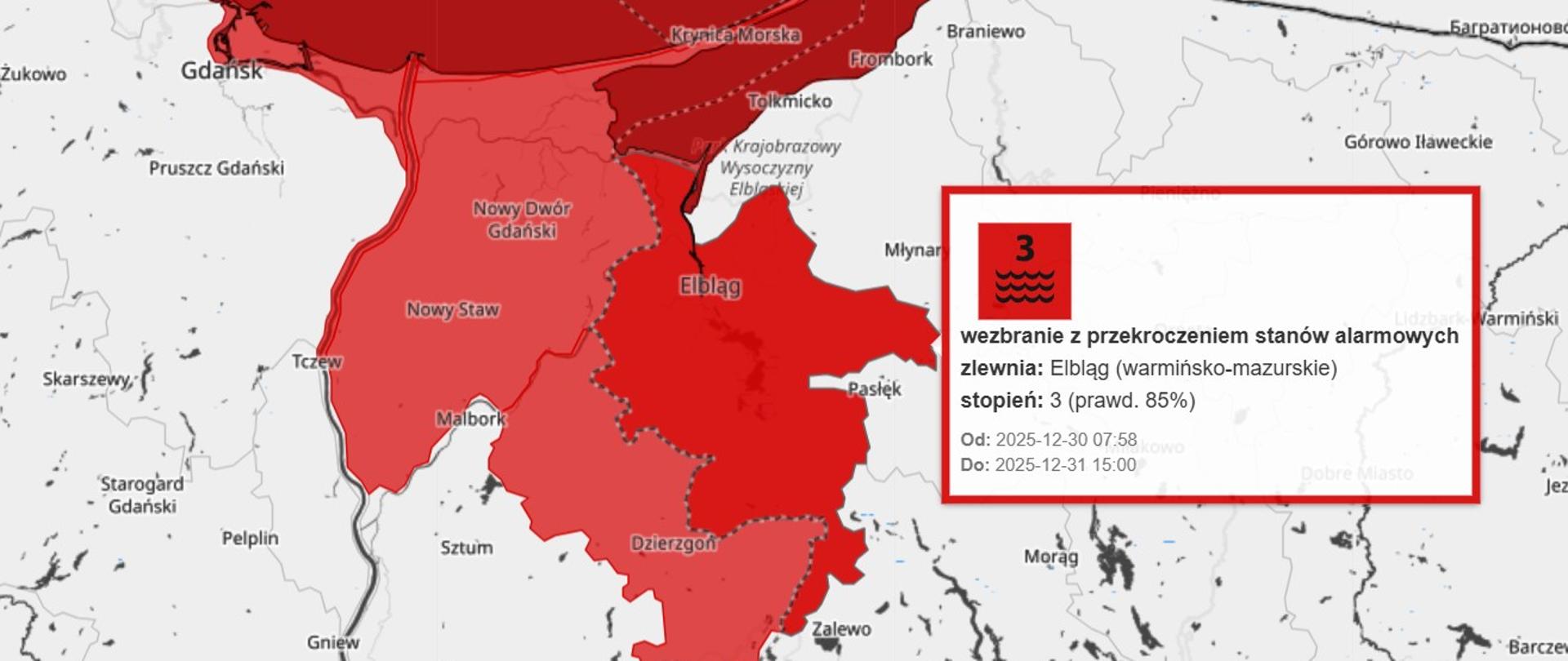 Wycinek mapy północnej części polski, gdzie kolorem czerwonym zaznaczono część powiatu elbląskiego.