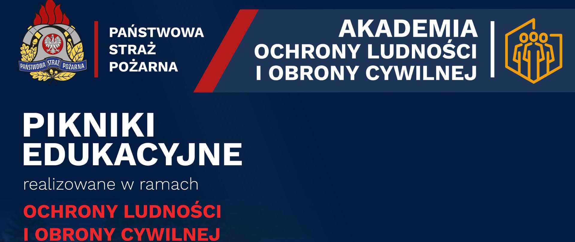 Grafika w ciemnoniebieskiej kolorystyce zapowiada „Pikniki Edukacyjne”, które są realizowane w ramach Ochrony Ludności i Obrony Cywilnej. W lewym górnym rogu umieszczono godło Państwowej Straży Pożarnej wraz z jej pełną nazwą, natomiast po prawej stronie znajduje się napis „Akademia Ochrony Ludności i Obrony Cywilnej” wraz z żółtym logotypem przedstawiającym trzy postacie wpisane w sześciokąt. Główny tytuł wydarzenia został zapisany dużymi, białymi literami, pod którymi dodano dopisek, z czego słowa „Ochrony Ludności i Obrony Cywilnej” wyróżniono kolorem czerwonym. Całość kompozycji dopełnia ukośny, czerwono-szary element graficzny w górnej części oraz delikatnie zarysowany w tle zarys plenerowego namiotu na dole.