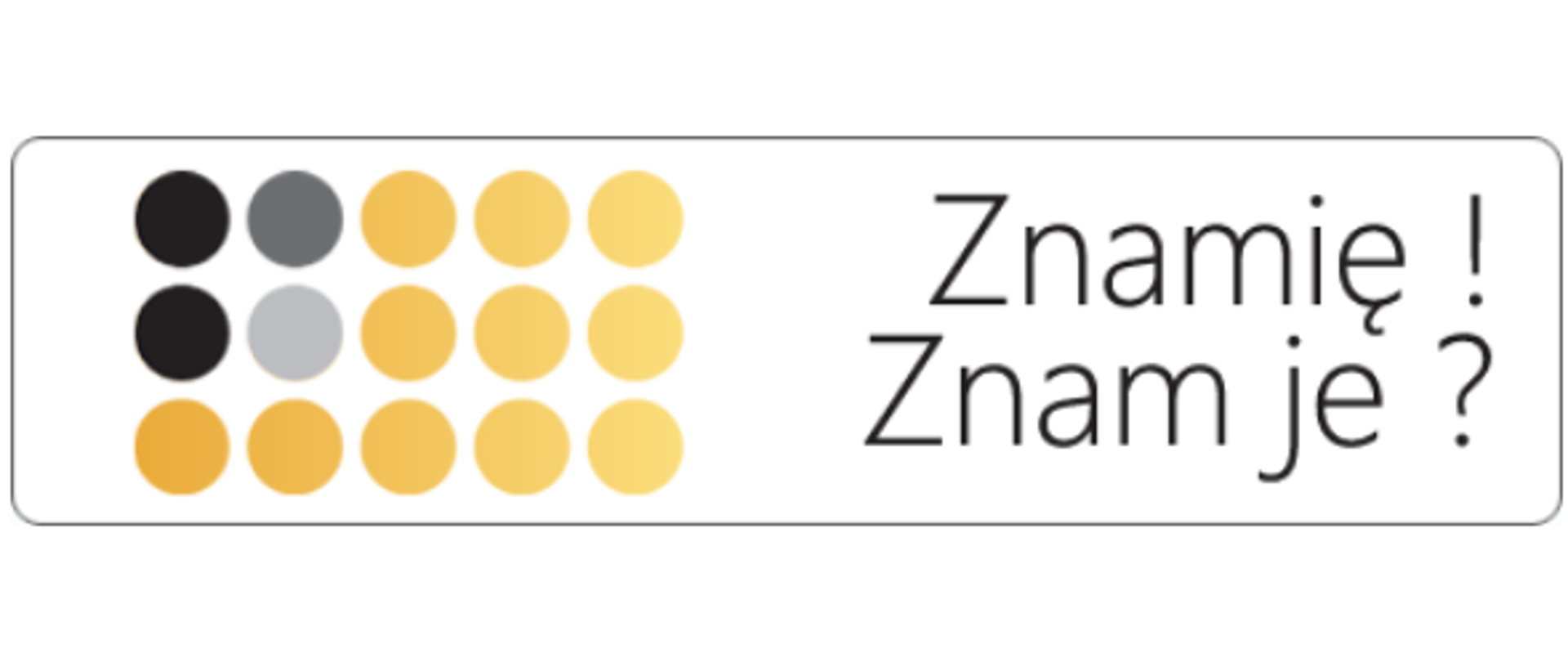 Obrazek przedstawia logo programu edukacyjnego pt. "Znamię, znam je" oraz kropki w kolorze żółtym i czarnym w trzech rzędach po pięć sztuk
