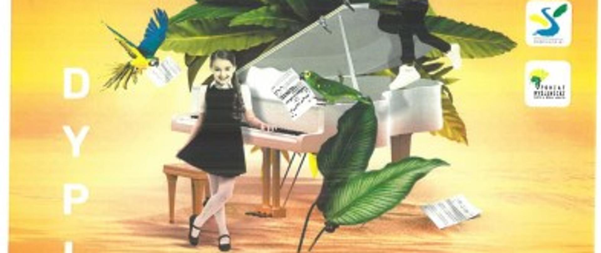 Dyplom III miejsca dla Patrycji Cichoń w II konkursie fortepianowym w Dobczycach, na pomarańczowym tle pośrodku grafika białego fortepianu pod palmą, w otoczeniu papug i dzieci, pod spodem napisy informujące o nagrodzie, na dole podpisy Jury