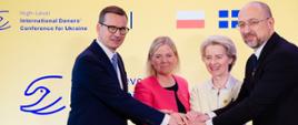 Prime Minister Mateusz Morawiecki, Prime Minister of Ukraine Denys Szmyhal, President of the European Commission Ursula von der Leyen and Prime Minister of Sweden Magdalena Andersson during the International Conference of Donors for Ukraine