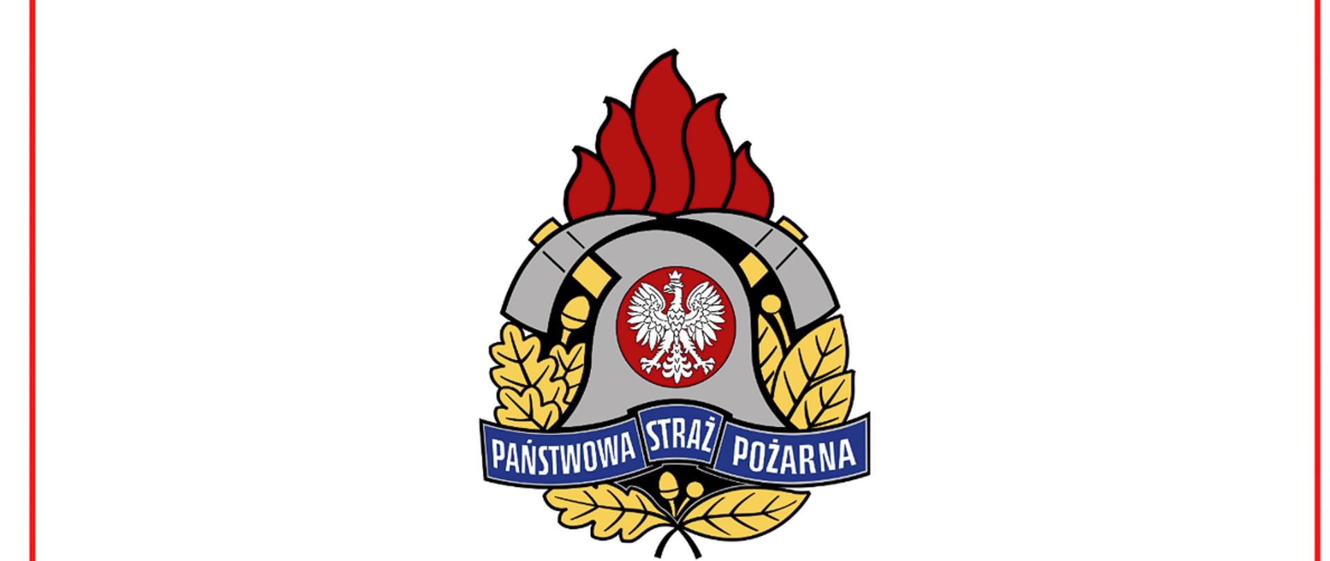 Logo Państwowej Straży Pożarnej na białym tle z czerwoną ramką.