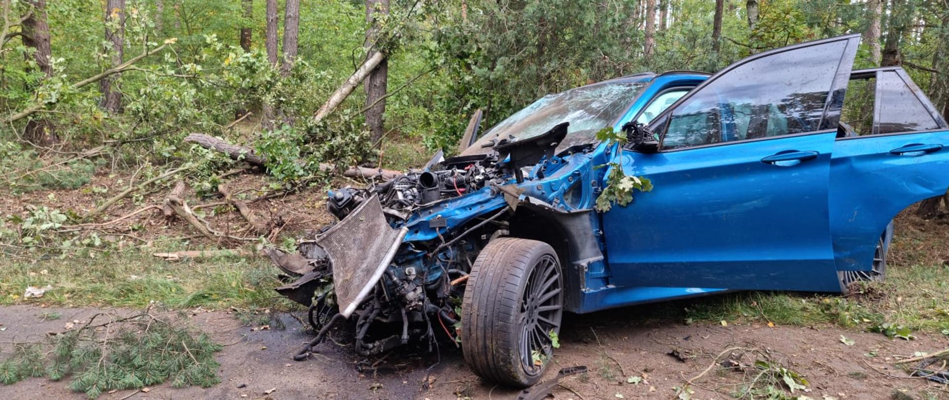 Widać uszkodzony niebieski samochód od strony kierowcy, drzwi otwarte, za nim kilka drzew