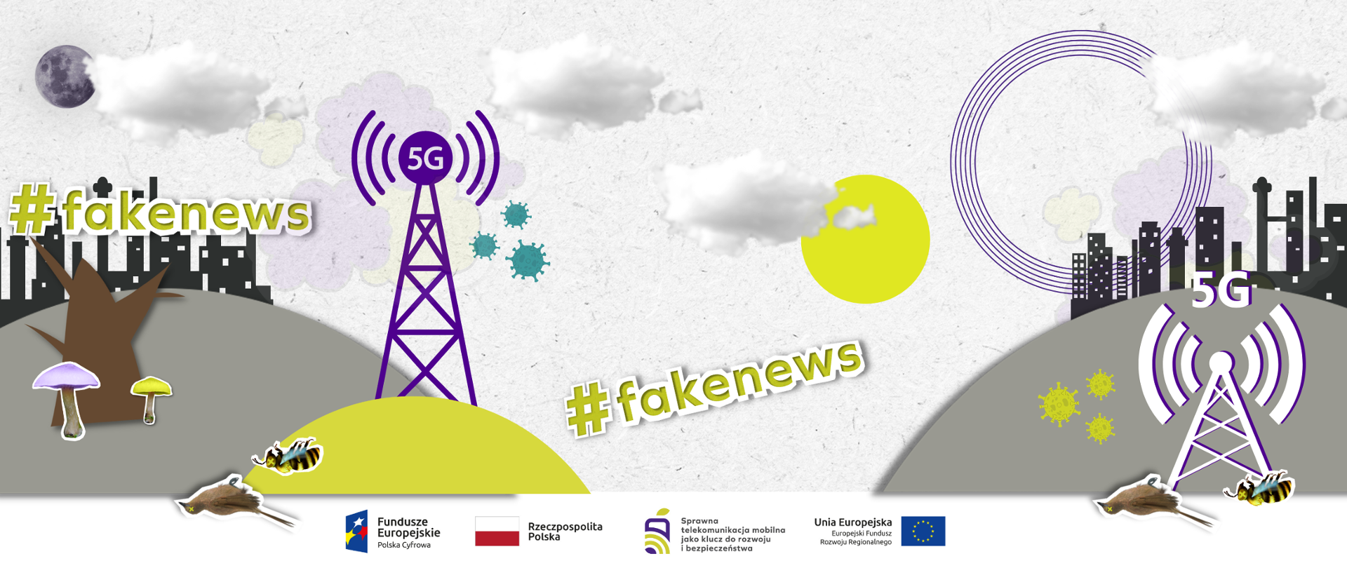 Grafika przedstawia najczęstsze mity na temat sieci 5G - padnięte pszczoły oraz ptaki, to że sieć 5G roznosi koronawirusa i zanieczyszcza powietrze tzw. elektrosmogiem.
