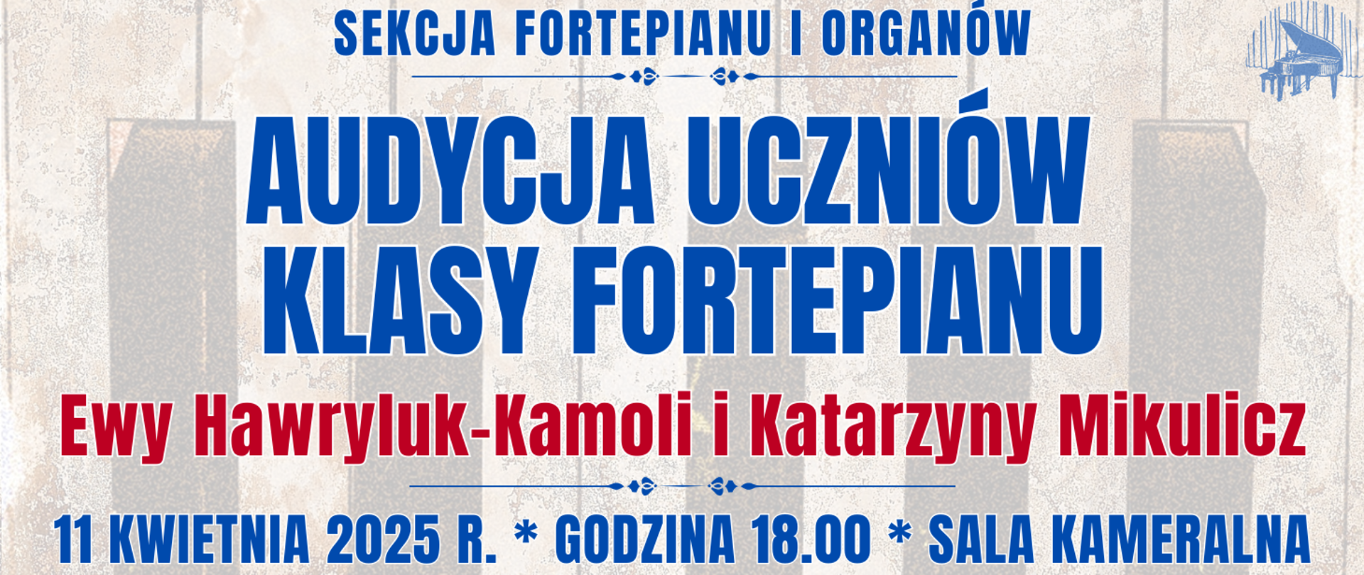 baner z półprzezroczystą klawiaturą fortepianu oraz informacja o audycji klasy fortepianu