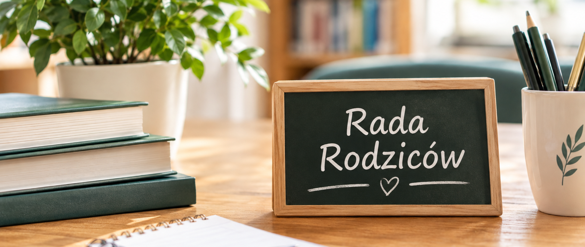 Zdjęcie biurka z książkami i zdjęciem w ramce z napisem Rada Rodziców