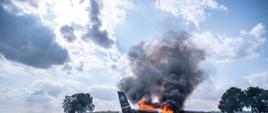 Zdjęcie przedstawia pozoracje katastrofy lotniczej i płonący samolot