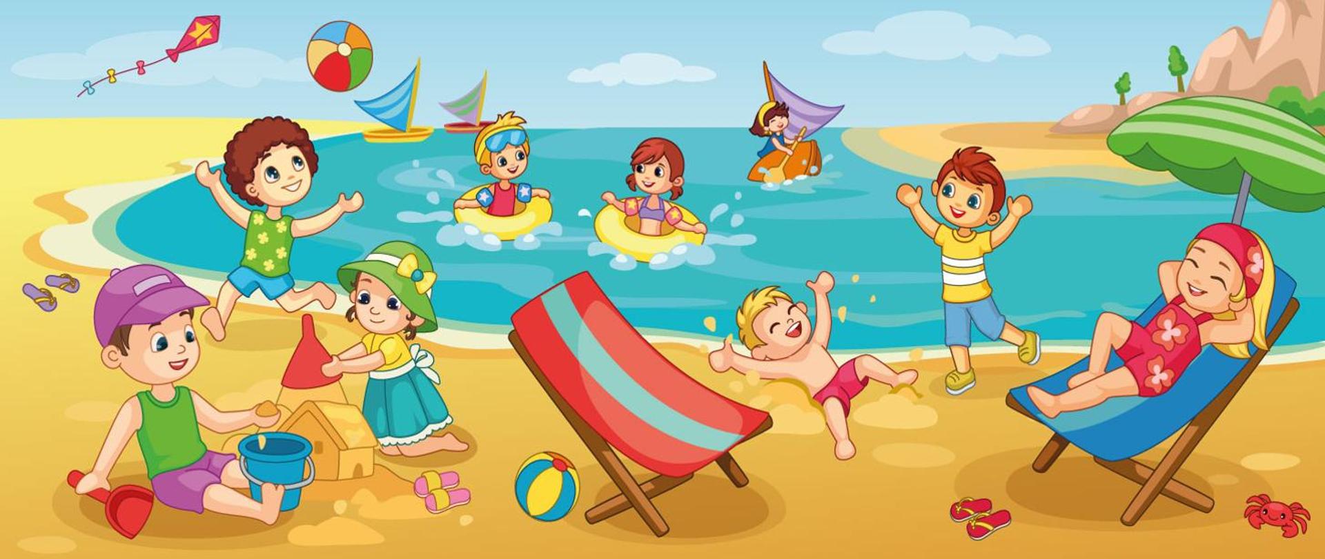 Obrazek przedstawiający dzieci bawiące się nad wodą, rysunek, dzieci w wodzie z kołami do pływania, budujące domki z piasku, leżaki, dzieci uśmiechnięte i rozbawione