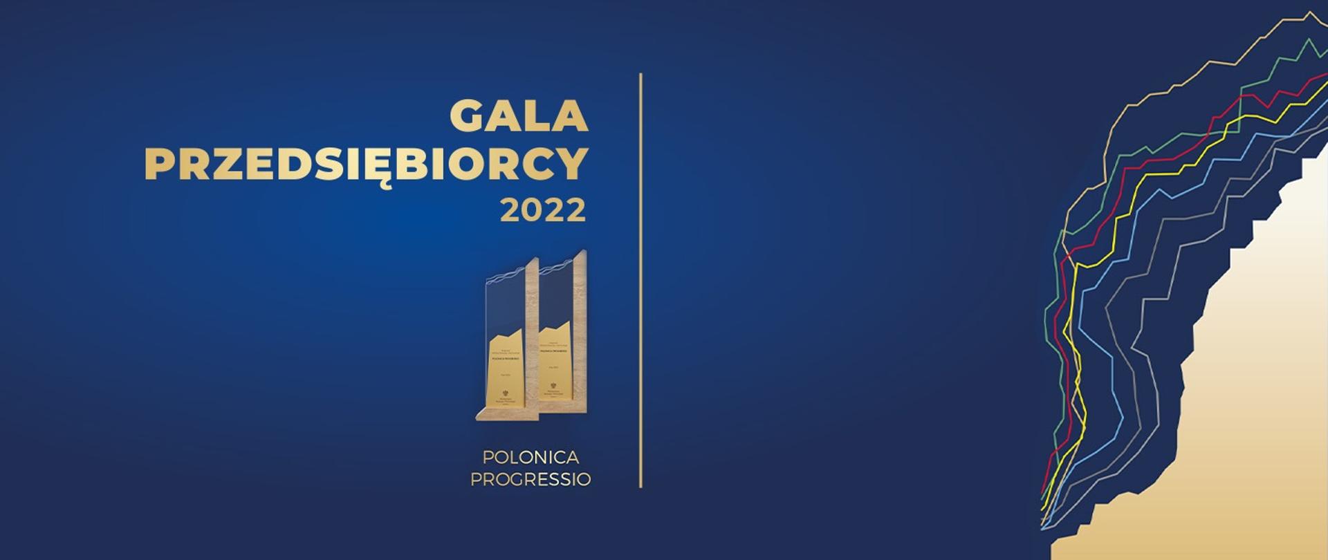 Gala przedsiębiorcy 2022. Na zdjęciu widać nazwę wydarzenia wraz z statuetkami Polonica Progressio na granatowo-złotym tle. 