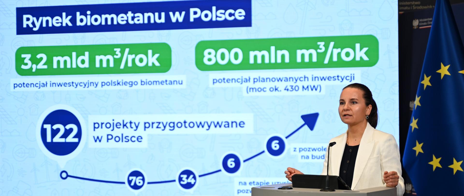Wiceministra Urszula Zielińska przemawia za pulpitem na briefingu prasowym, przedstawiając szczegóły projektu ustawy o zmianie ustawy o odnawialnych źródłach energii oraz niektórych innych ustaw (UD332) przyjętego przez Radę Ministrów. Z boku na telebimie (ekranie) dane statystyczne przedstawiające rynek biometanu w Polsce.