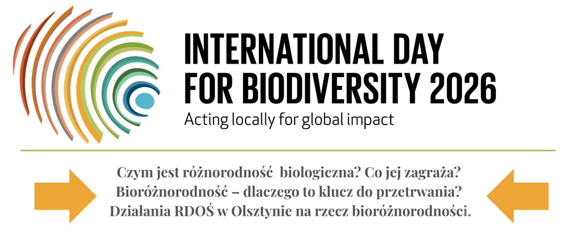 Grafika przedzielona na pół. Na górze napis: International day for biodiversity 2026 Acting locally for global impact. Na dole napis: Czym jest różnorodność biologiczna? Co jej zagraża? Bioróżnorodność - dlaczego to klucz do przetrwania? Działania RDOŚ w Olsztynie na rzecz bioróżnorodności.