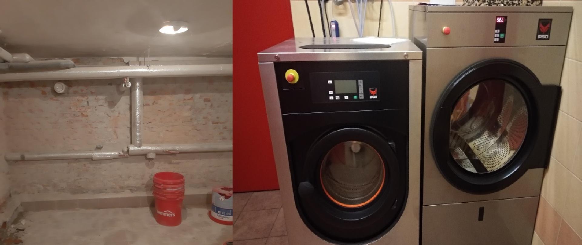 remontowane pomieszvczenie magazynowe po lewej, po prawej specjalistyczna pralnica i suszarka do ubrań specjalnych