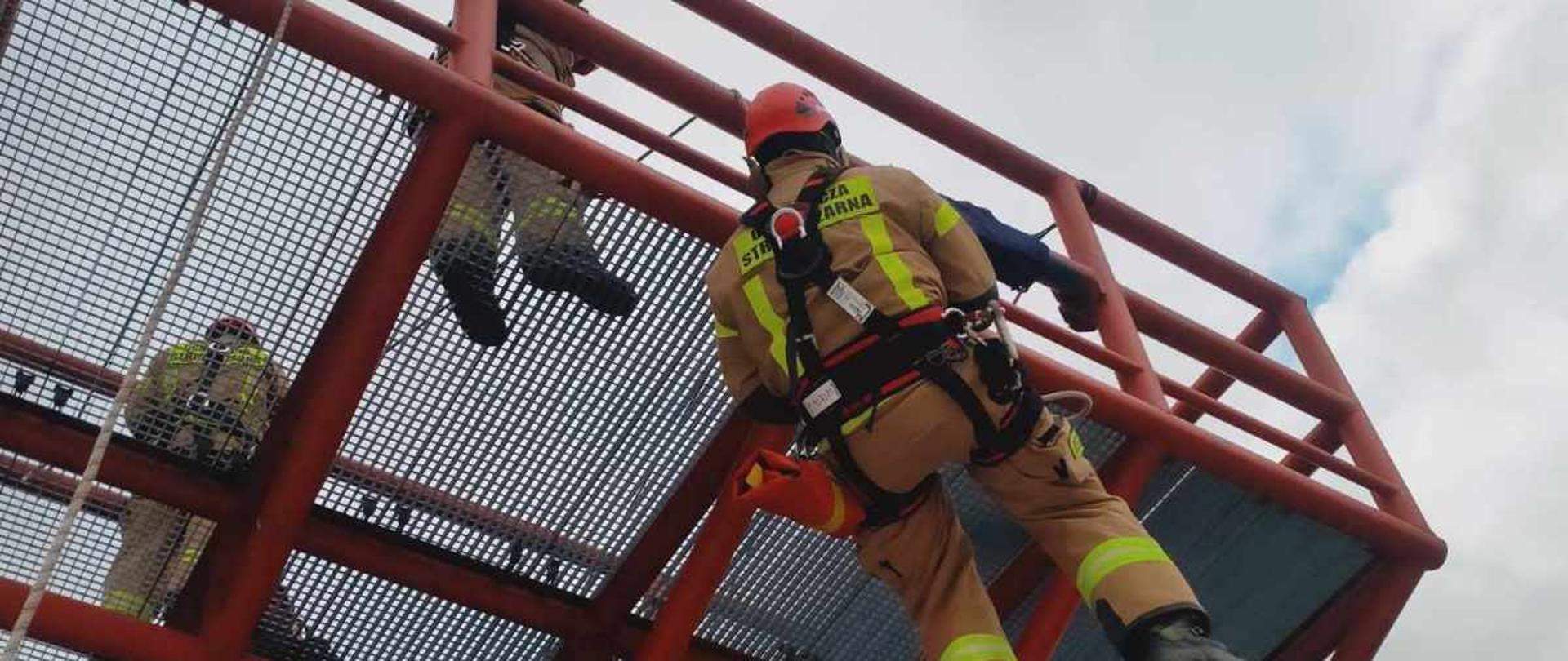 Na zdjęciu strażacy podczas ćwiczeń zjazdu na linie z wysokości