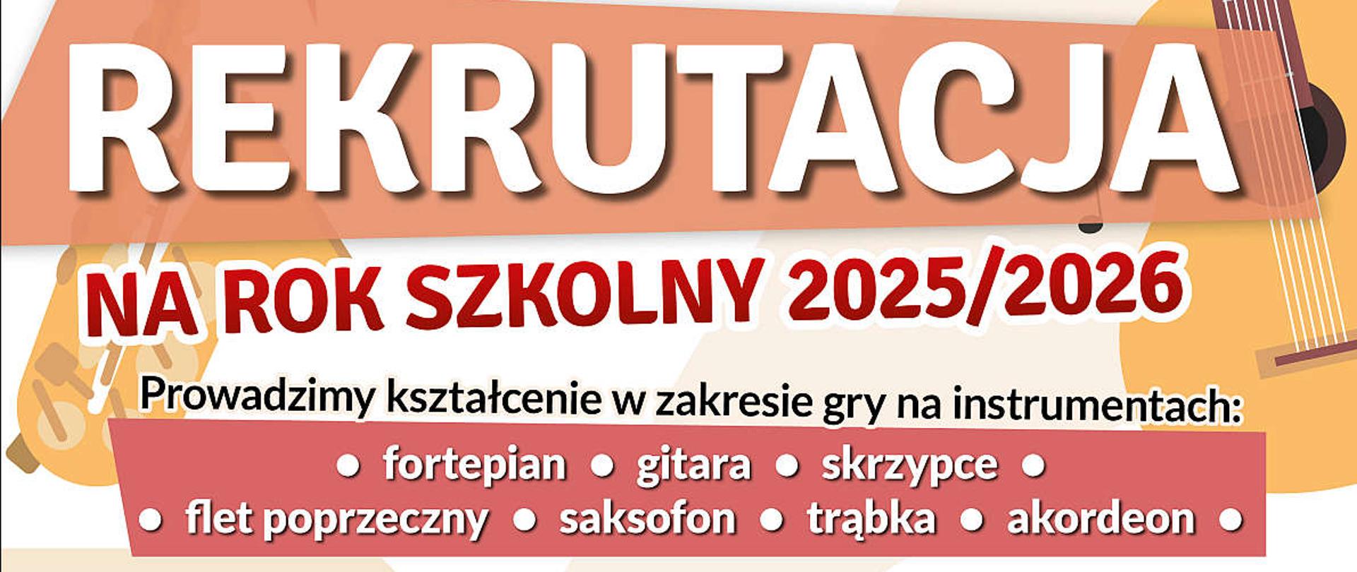 Plakat rekrutacyjny Państwowej Szkoły Muzycznej I stopnia im. Aleksandra Tansmana w Kępnie na rok szkolny 2025/2026. Na górze znajduje się nazwa szkoły w czerwonym kolorze, obok której umieszczona jest ikona gitary. Poniżej widnieje duży napis „rekrutacja” w białych literach z pomarańczowym tłem, a pod nim czerwony tekst „na rok szkolny 2025/2026”. Środkowa część informuje o nauce gry na różnych instrumentach, takich jak fortepian, gitara, skrzypce, flet poprzeczny, saksofon, trąbka i akordeon. Każdy z instrumentów jest wyróżniony białą czcionką na czerwonym tle. Dalej znajdują się informacje o dniach otwartych (16, 23 i 30 maja 2025 r.), terminie składania wniosków (do końca maja 2025 r.), spotkaniu z dyrektorem (29 maja 2025 r.) i badaniu przydatności (5 czerwca 2025 r.). Ważne terminy wyróżnione są czerwonym kolorem. Tło plakatu jest jasne z muzycznymi grafikami, takimi jak nuty, fortepian, gitara i akordeon. Na dole umieszczone są dane kontaktowe szkoły, w tym adres, numer telefonu i e-mail, a także zdjęcie budynku szkoły. Całość utrzymana jest w ciepłych kolorach – beżach, pomarańczach i czerwieniach, a kompozycja jest czytelna i przejrzysta.