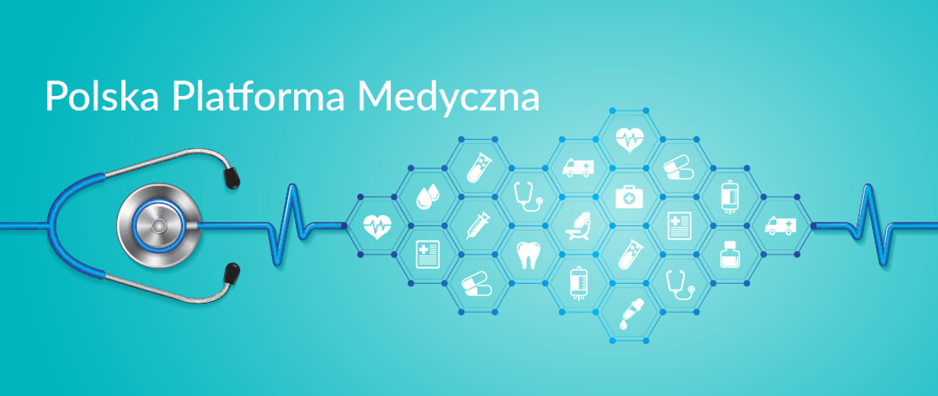 grafika o treści: "Polska Platforma Medyczna" przedstawiająca stetoskop oraz ikony związane z medycyną 
